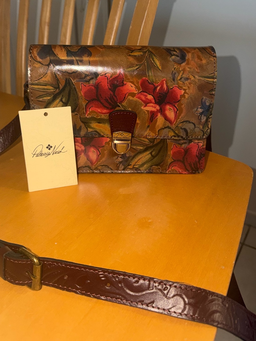 Patricia Nash Brown Floral Italian Leather Crossbody Sienna Sunset Collection